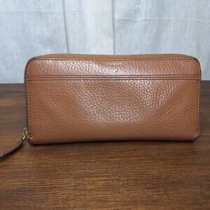 FOSSIL Women's Tiegan Tan Pebbled Leather Zip Around Clutch Wallet card holder